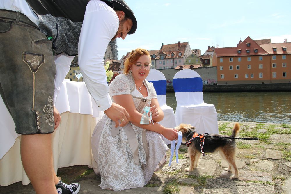 Das Brautpaar nimmt die Ringe vom Halsband des Ringhunds